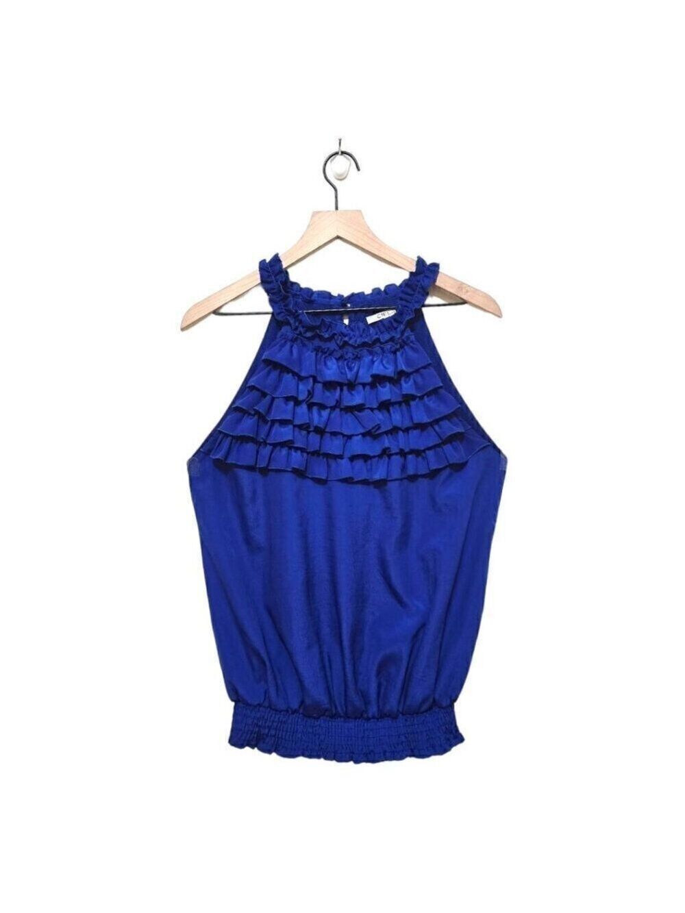 Ciel USA Blue Ruffle Halter Neck Smocked Tank Top Blouse Sz L